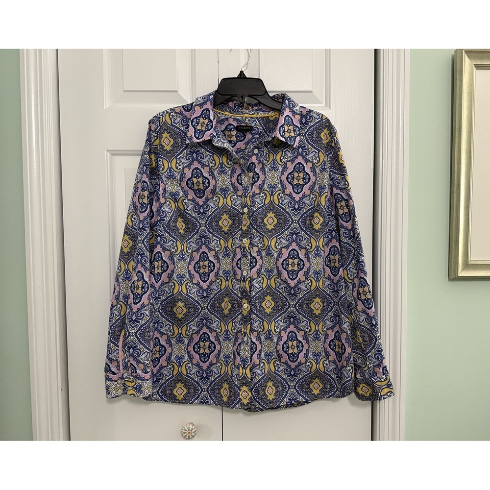 Talbots Paisley Printed Button Down Shirt Sz XL Roll Tab Long Sleeve Multicolor